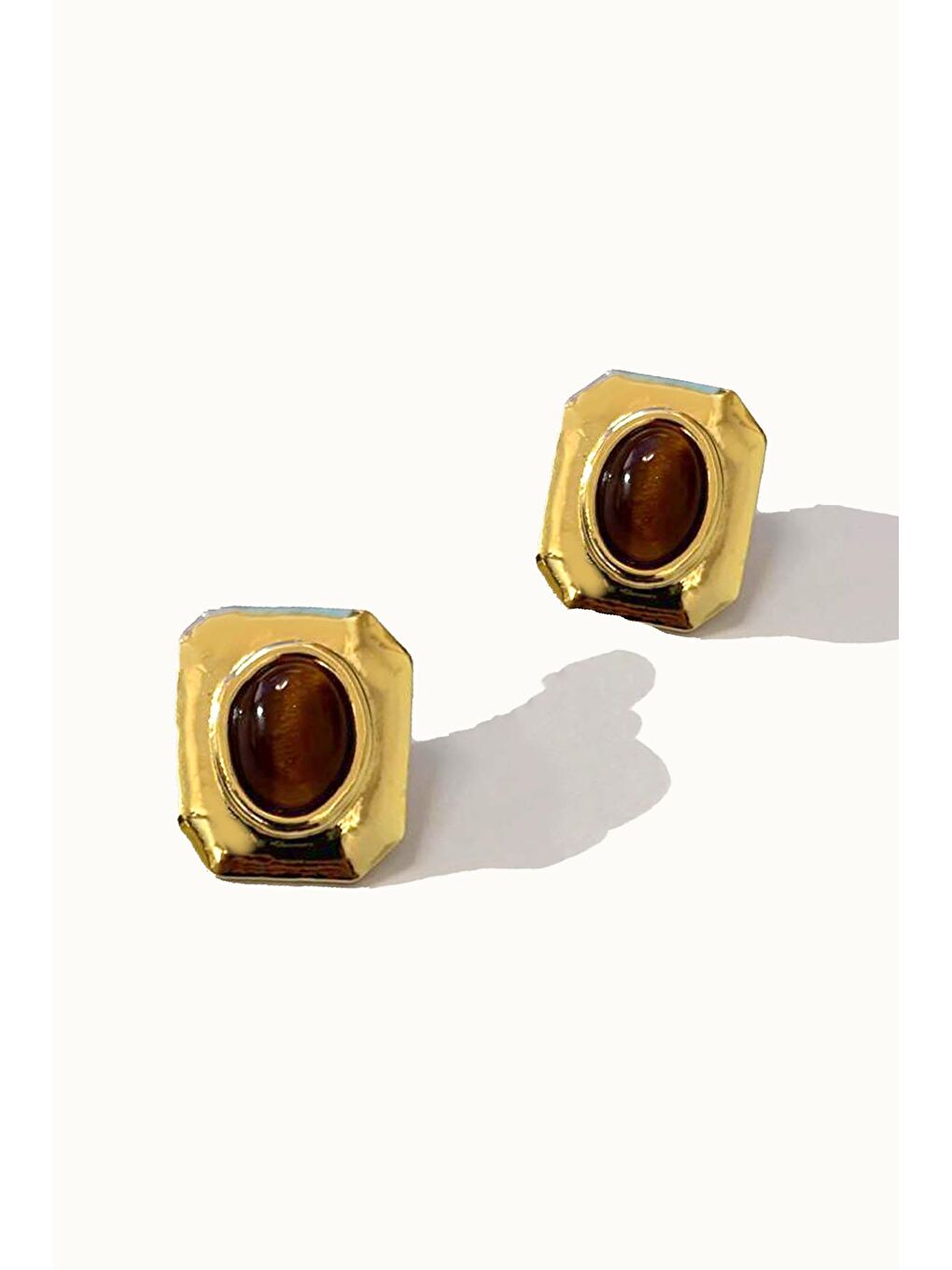 Kahverengi Gold Detaylı Renkli Taşlı Kare Çelik Vintage Küpe-1