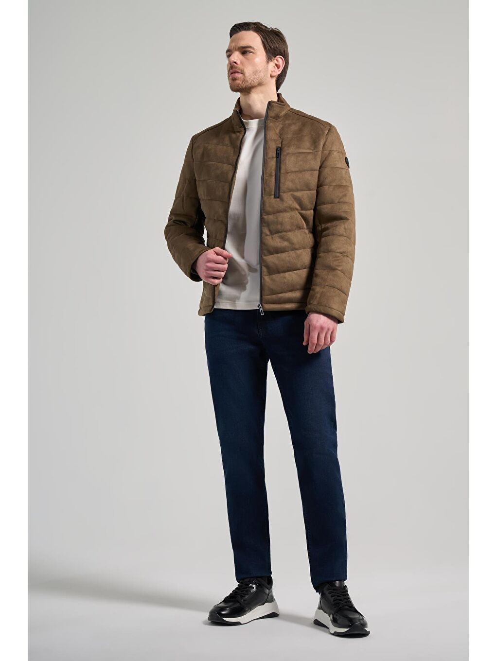 Koyu Haki Dik Yaka Yan Cep Dolum Şişme Standart Fit Esnek Casual Deri Mont 1038245167-1