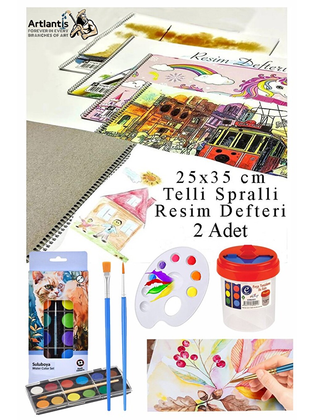 12 Renk Brons Sulu Boya 25x35 Cm Telli Spralli Resim Defteri Resim Paleti Resim Fırçası Temizleme Ka