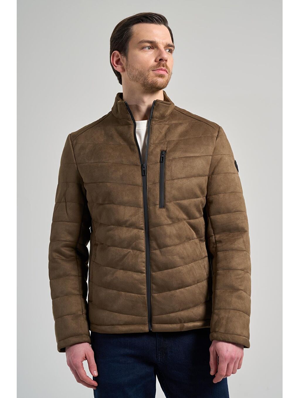 Koyu Haki Dik Yaka Yan Cep Dolum Şişme Standart Fit Esnek Casual Deri Mont 1038245167-2