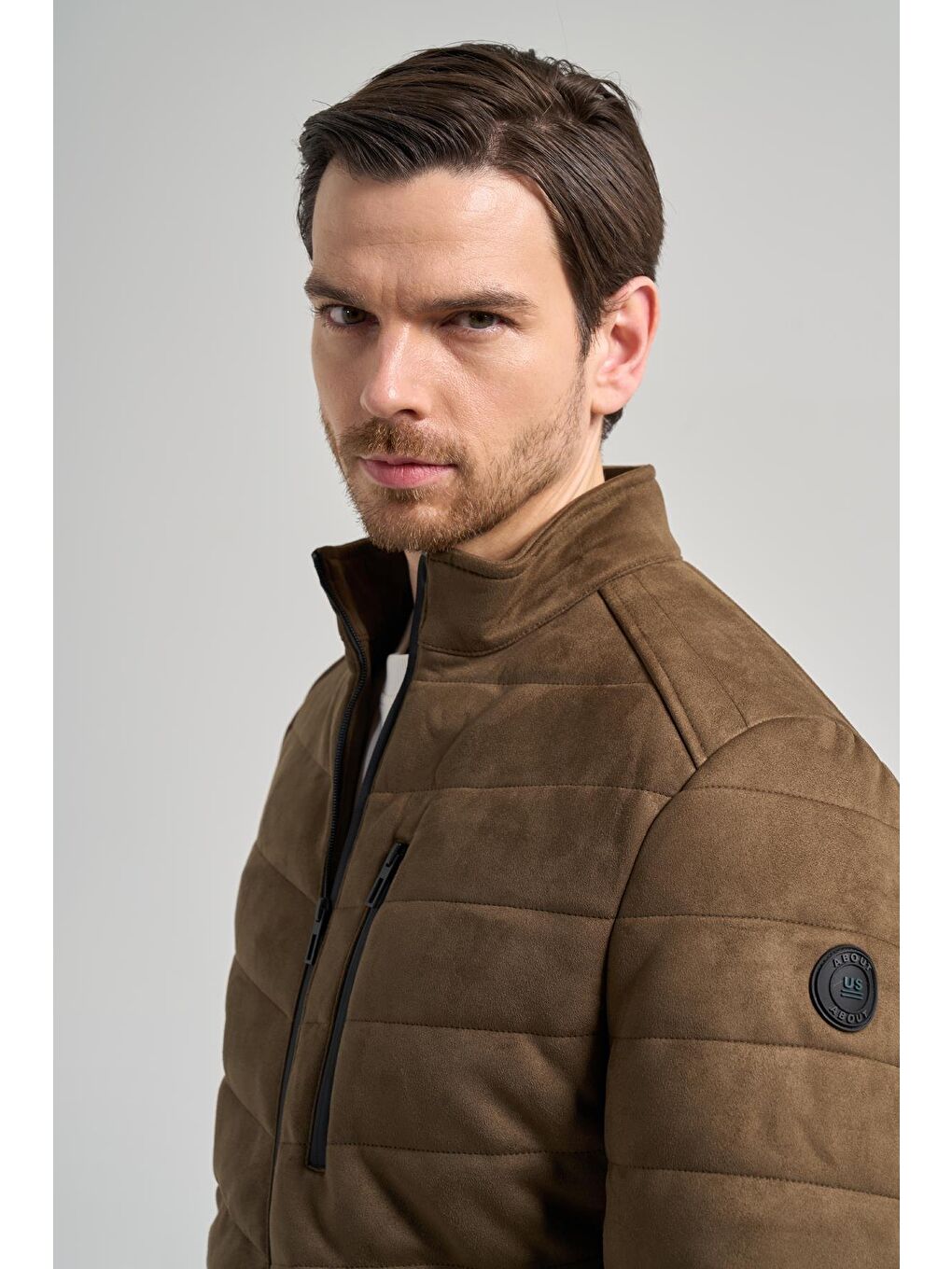 Koyu Haki Dik Yaka Yan Cep Dolum Şişme Standart Fit Esnek Casual Deri Mont 1038245167-3