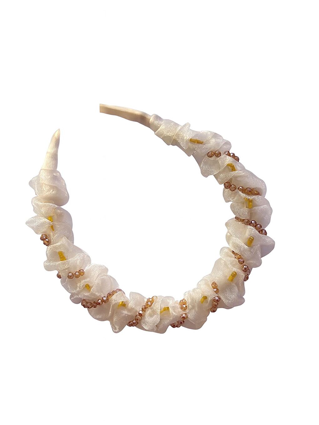 Beyaz Tül Kumaş ve Boncuk İşlemeli Köpekbalığı Dişli Kemik Taç
