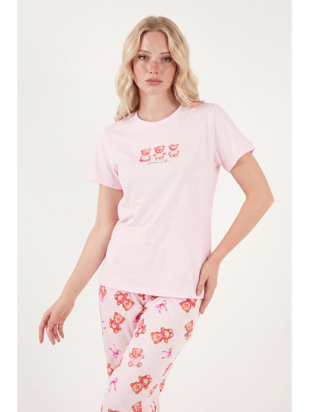 Pembe Desenli Pamuklu Bisiklet Yaka Kaprili Pijama Takımı 65790787-3