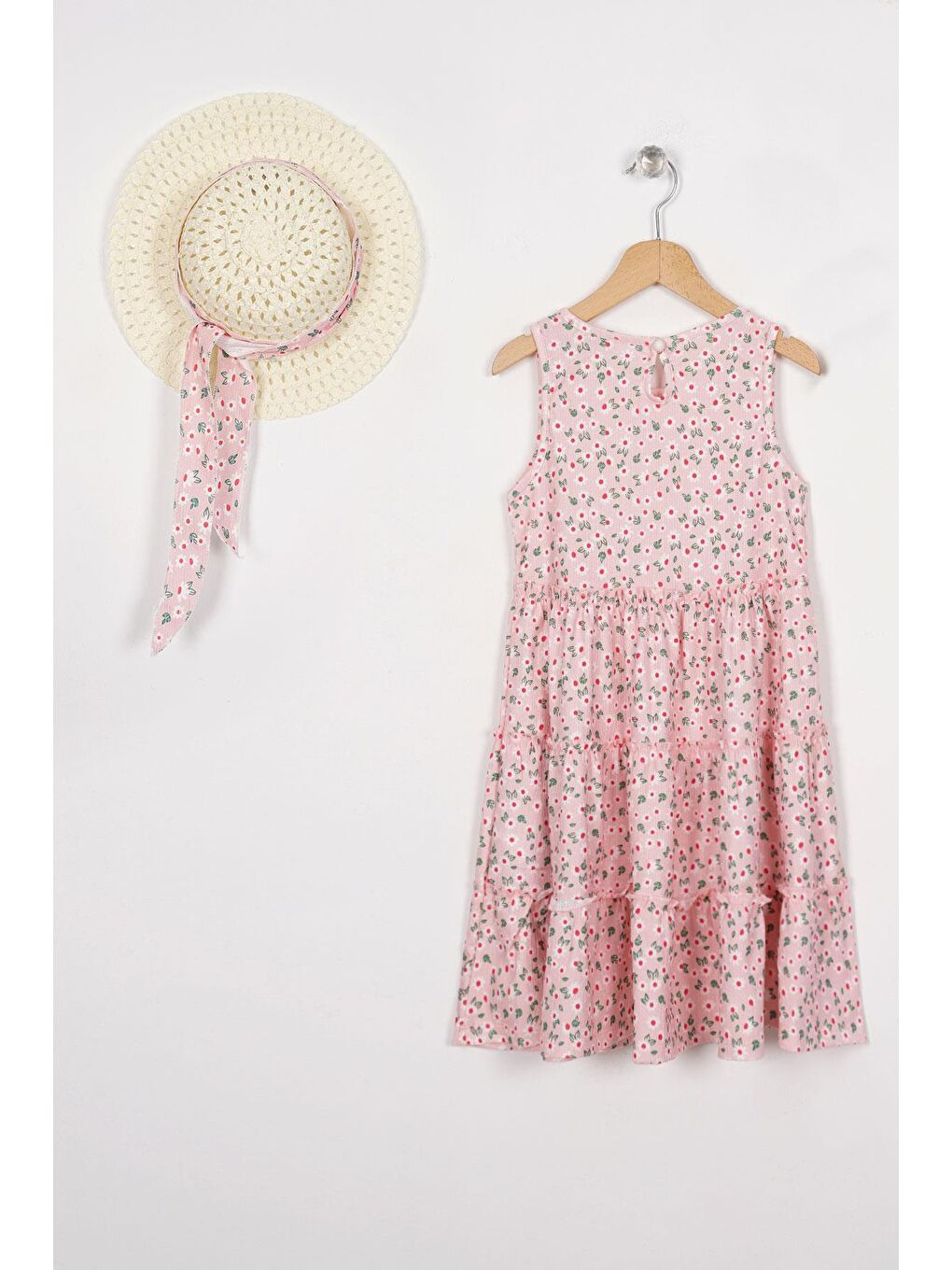 Bisiklet Yaka Sıfır Kol Şapka Aksesuarlı Pembe Renk Kız Çocuk Elbise-2