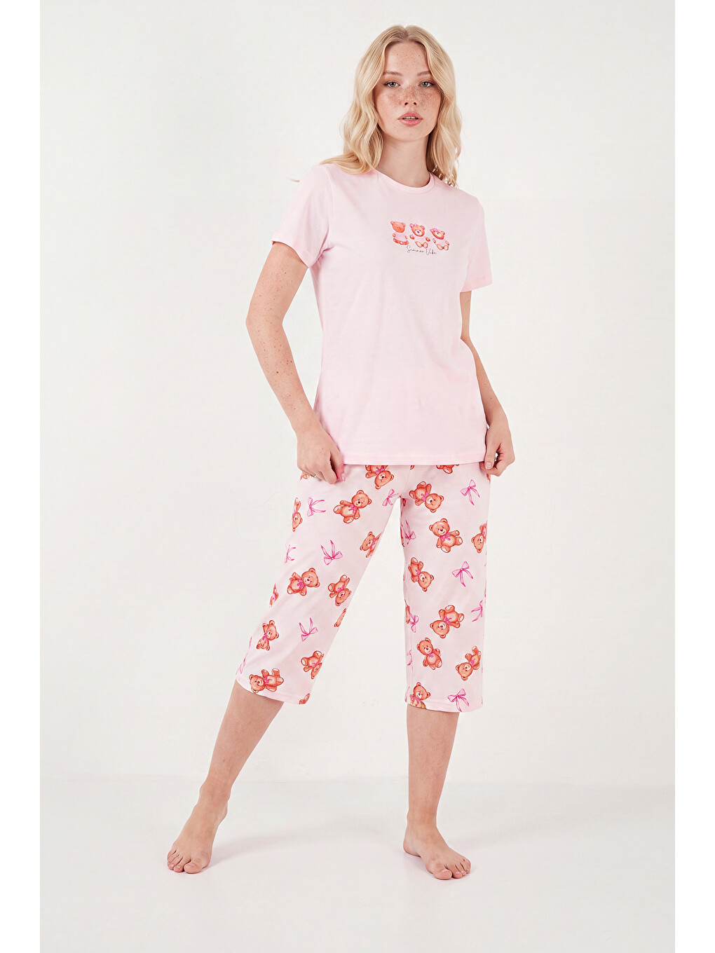 Pembe Desenli Pamuklu Bisiklet Yaka Kaprili Pijama Takımı 65790787-4