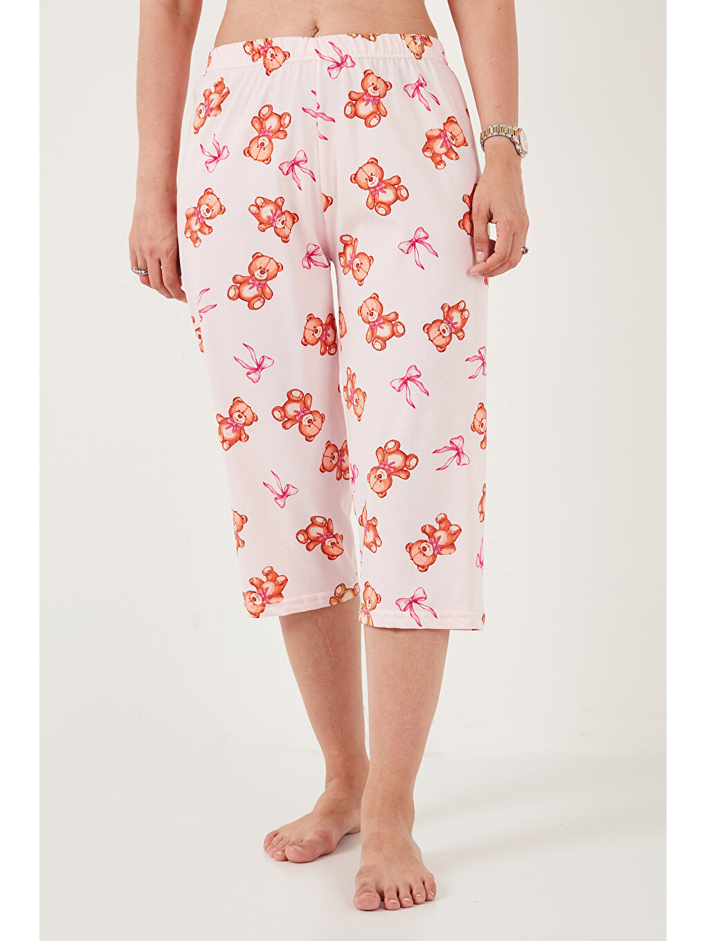 Pembe Desenli Pamuklu Bisiklet Yaka Kaprili Pijama Takımı 65790787-5