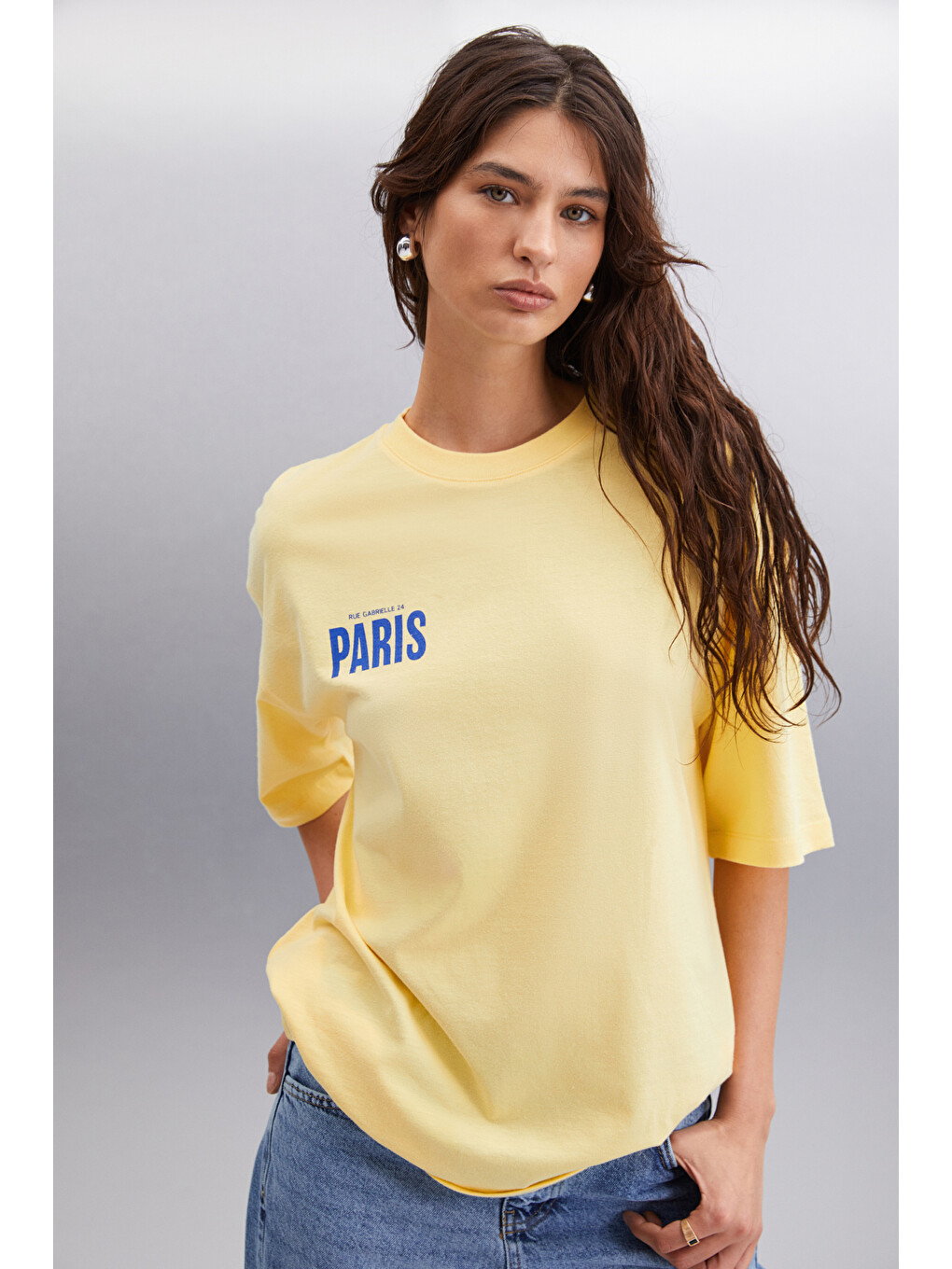 Gıllıan Kadın Ön Ve Arka Baskı Detaylı Oversize &100 Organik Pamuklu Sarı T-shirt-2