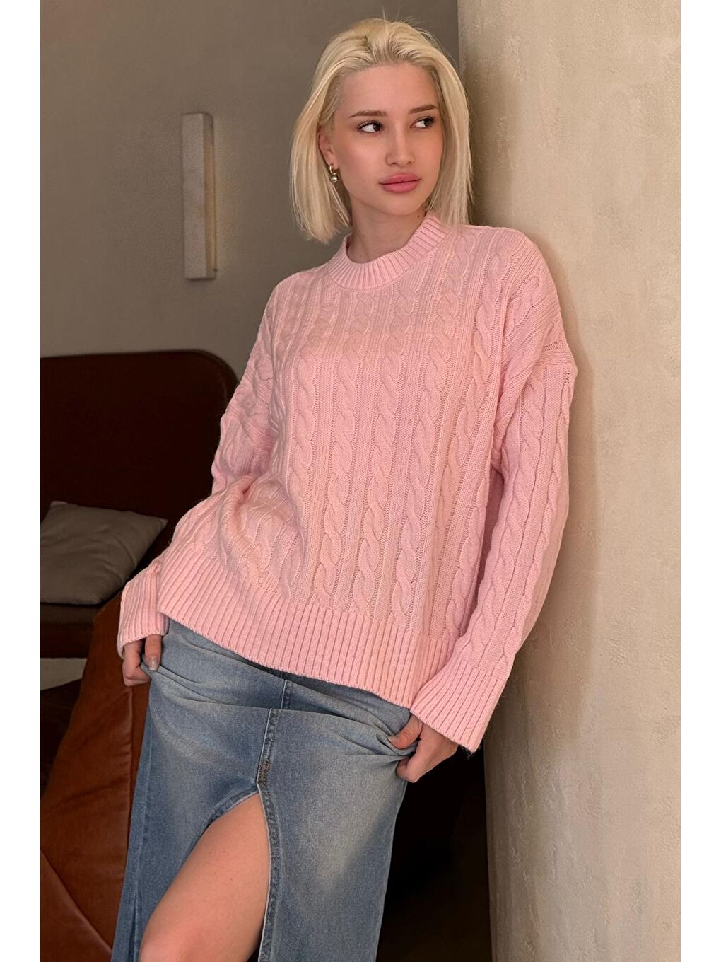 Pembe Bisiklet Yaka Örgü Desenli Kadın Triko Kazak Mg2520-4