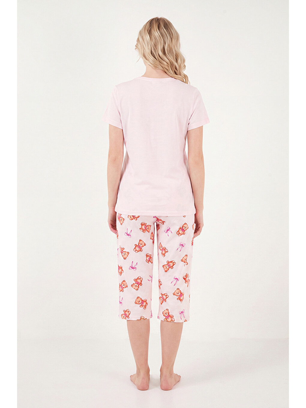 Pembe Desenli Pamuklu Bisiklet Yaka Kaprili Pijama Takımı 65790787-6