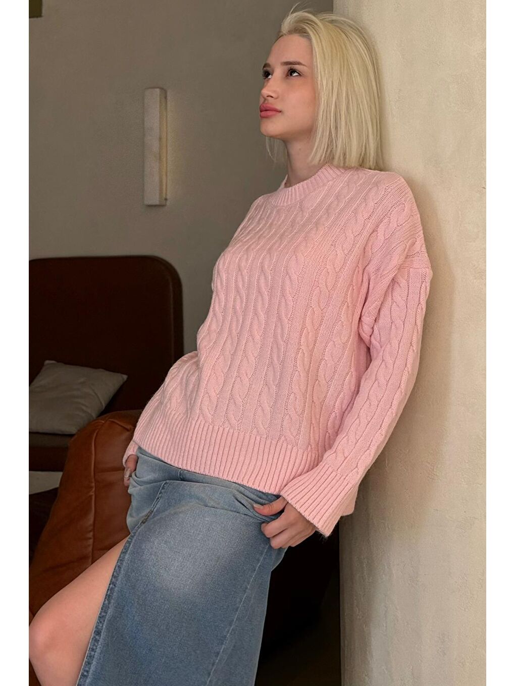 Pembe Bisiklet Yaka Örgü Desenli Kadın Triko Kazak Mg2520-5