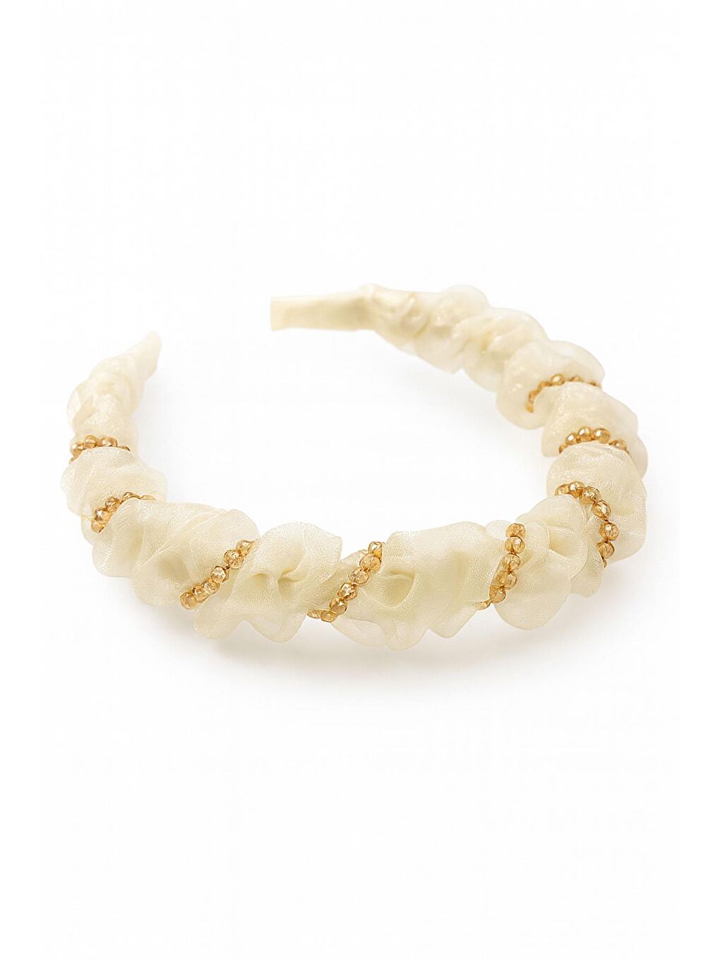 Beyaz Tül Kumaş ve Boncuk İşlemeli Köpekbalığı Dişli Kemik Taç-2