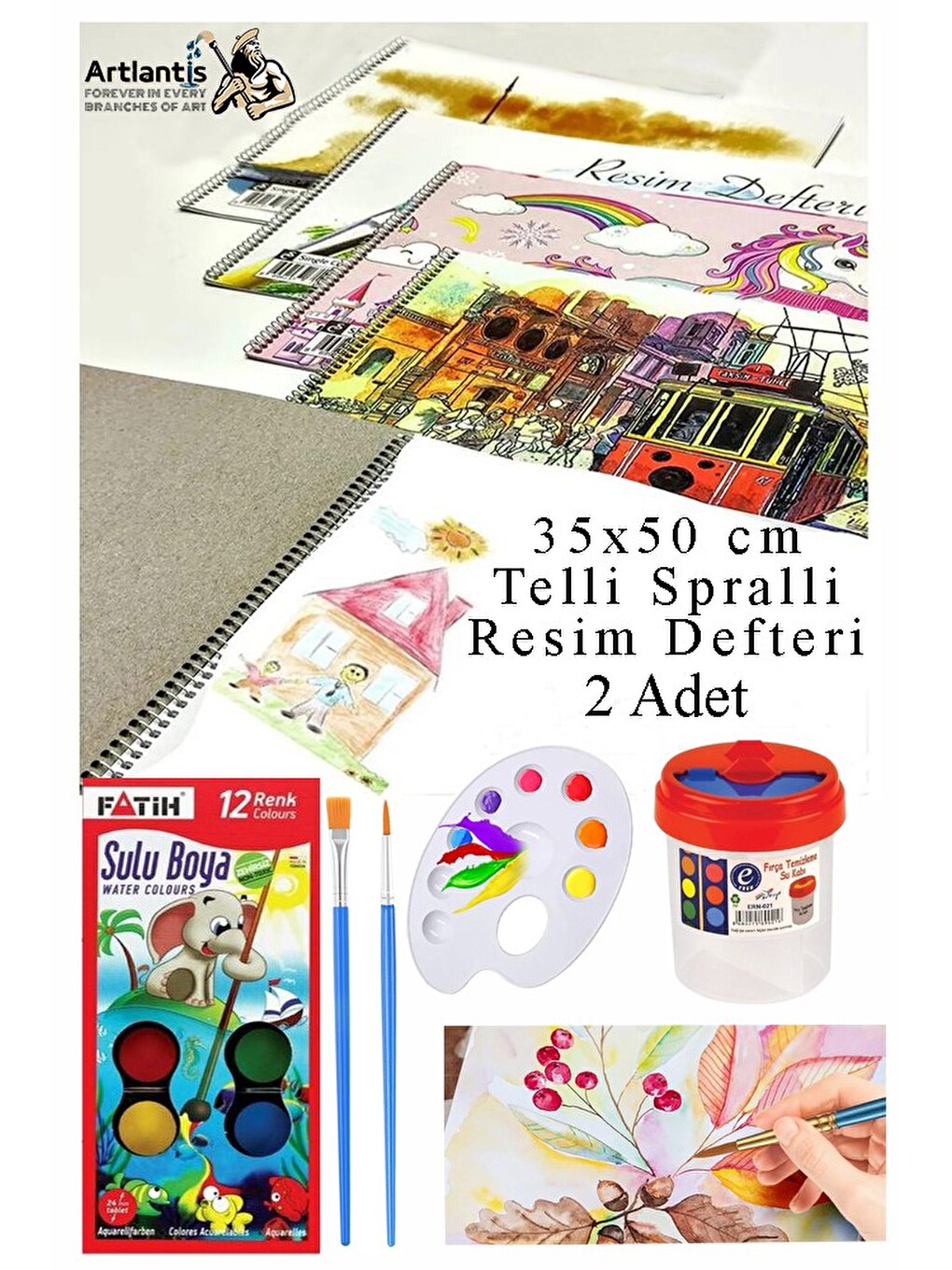 12 Renk Fatih Sulu Boya 35x50 Cm Telli Spralli Resim Defteri Resim Paleti Resim Fırçası Temizleme Ka