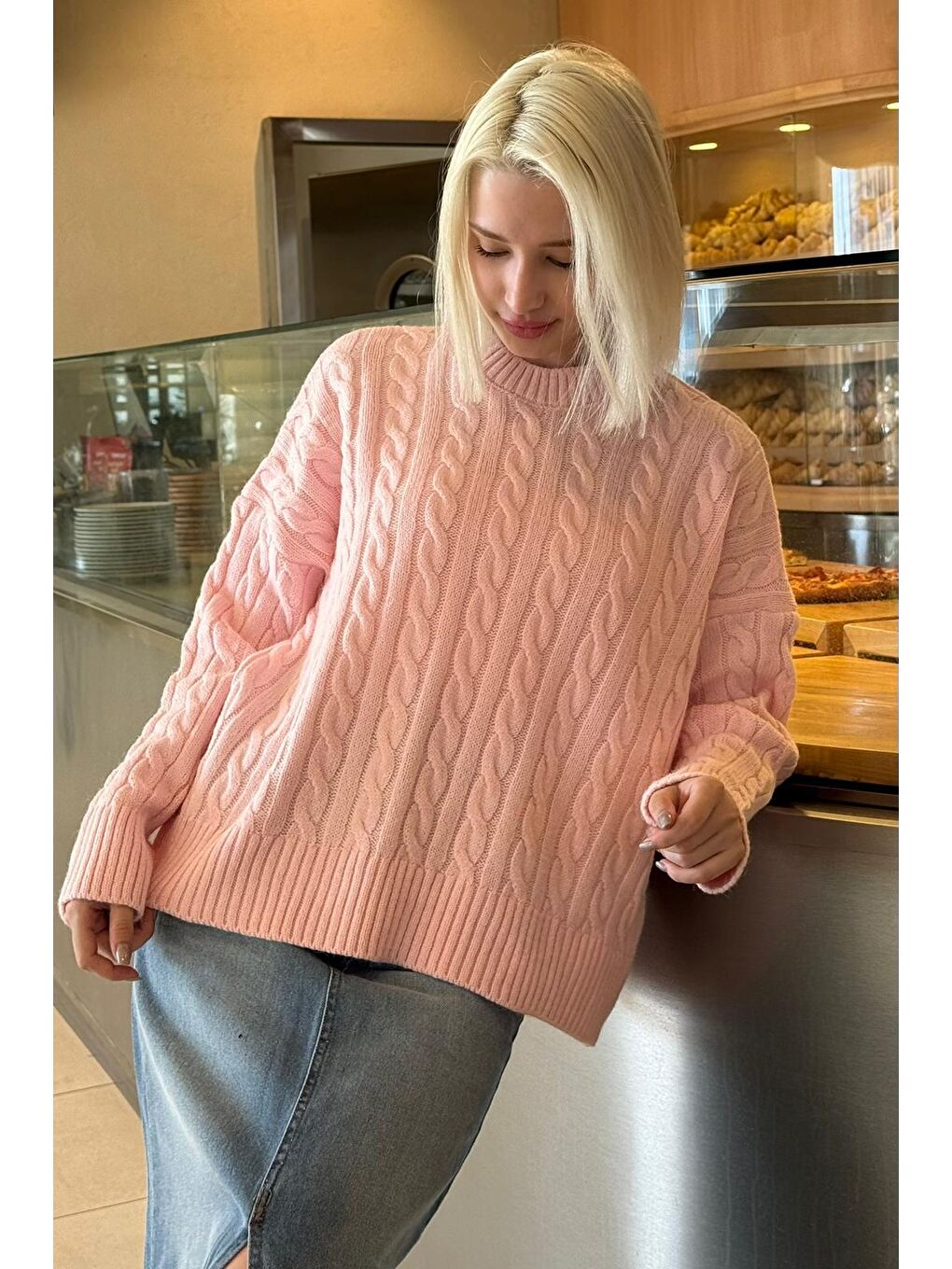 Pembe Bisiklet Yaka Örgü Desenli Kadın Triko Kazak Mg2520-6