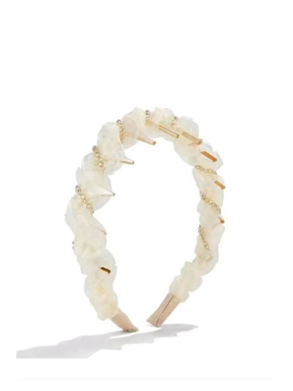 Beyaz Tül Kumaş ve Boncuk İşlemeli Köpekbalığı Dişli Kemik Taç-3