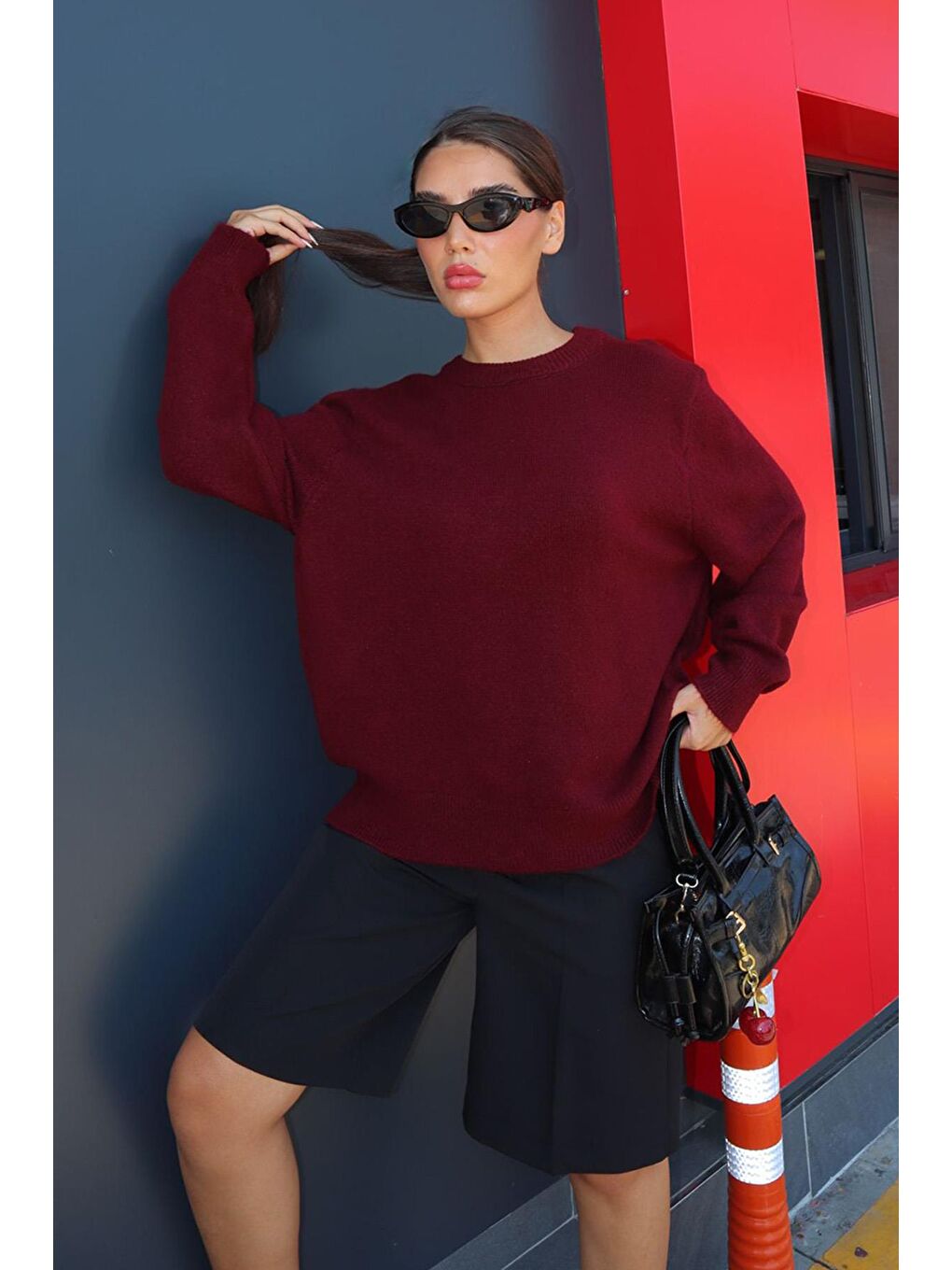 Bordo Bisiklet Yaka Kadın Triko Kazak Mg2494-1