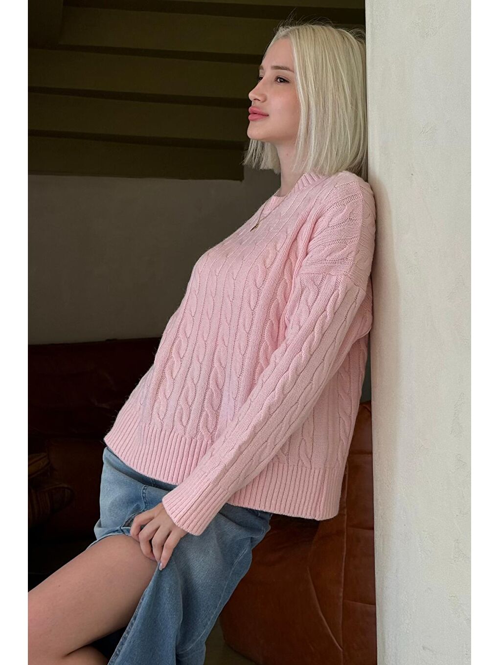 Pembe Bisiklet Yaka Örgü Desenli Kadın Triko Kazak Mg2520-7