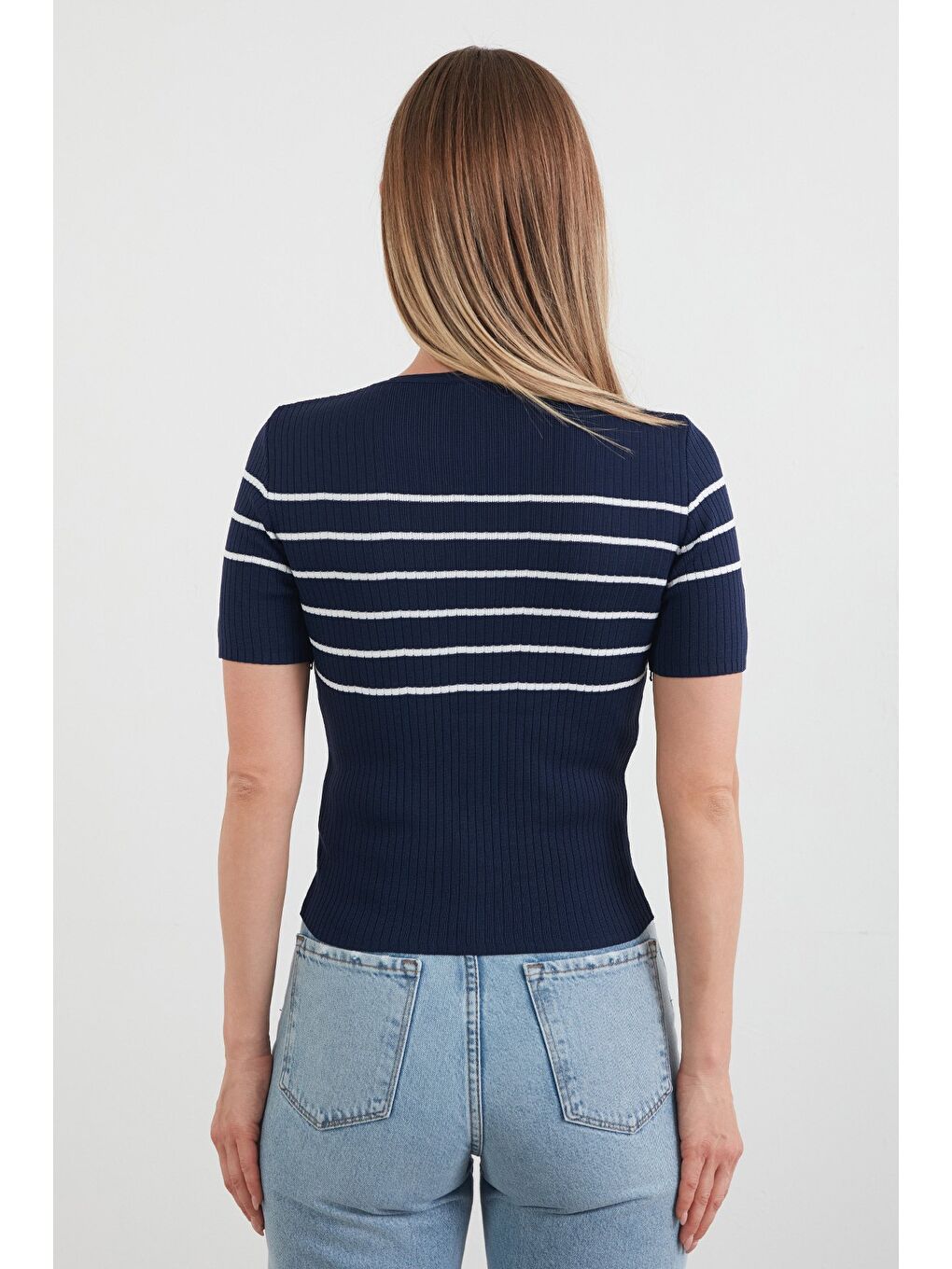 Lacivert Çizgili Fitilli Bisiklet Yaka Triko Bluz-3