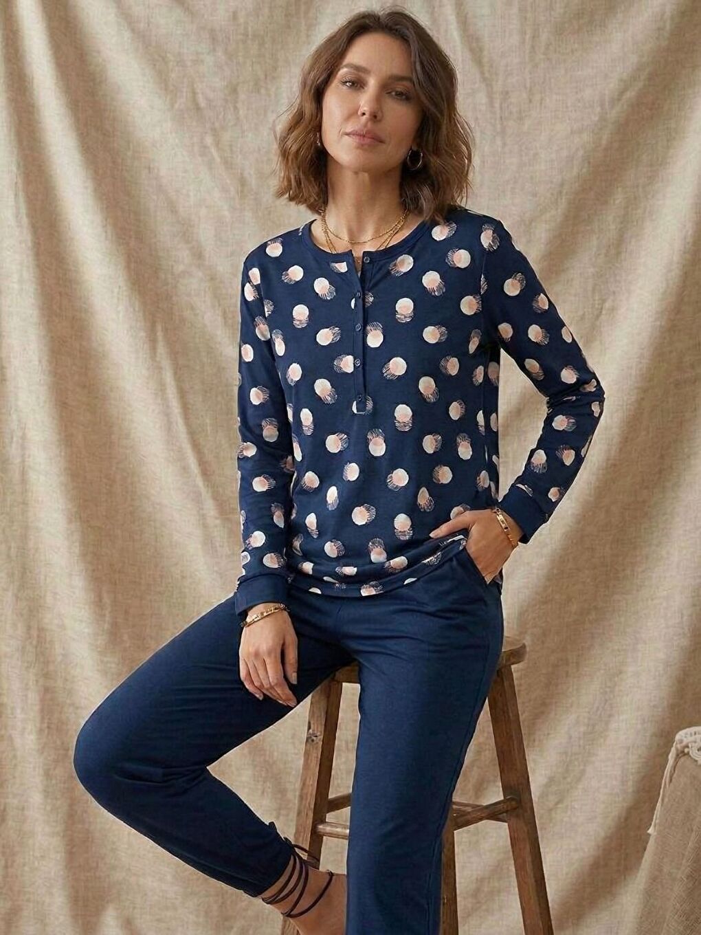 Mavi Düğmeli %100 Saf Pamuk Uzun Kollu Üst Desenli Pijama Takım