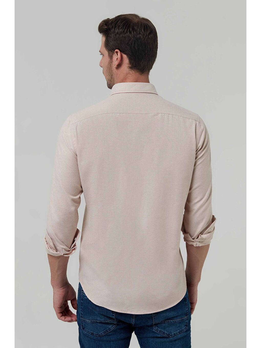 Slim Fit Bej Oxford Düğmeli Yaka Kolay Ütülenebilir Nakış Detaylı Pamuklu Gömlek-3