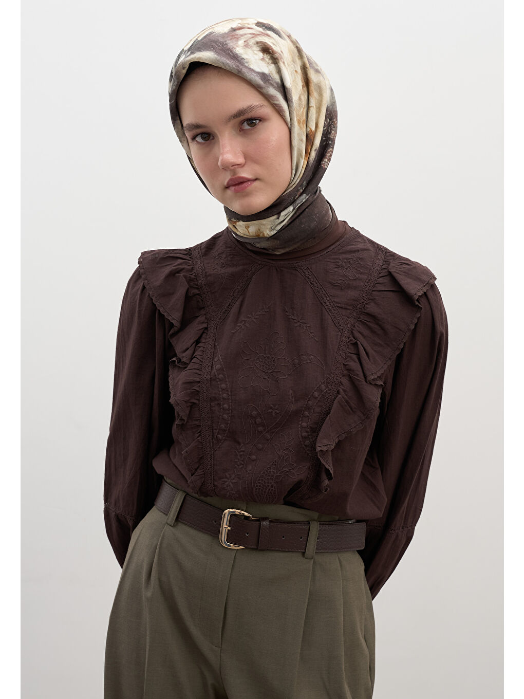 Kahverengi Vıntage Rose Desen Pamuklu Viskon Eşarp Kahve-2