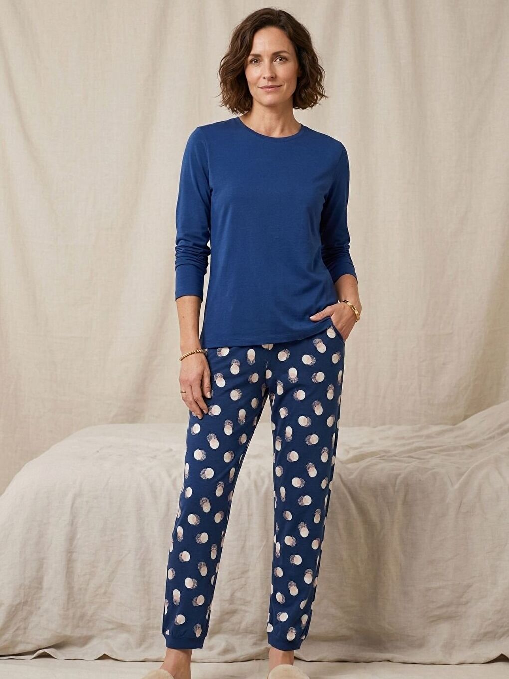 Mavi %100 Saf Pamuk Uzun Kollu Alt Desenli Pijama Takım