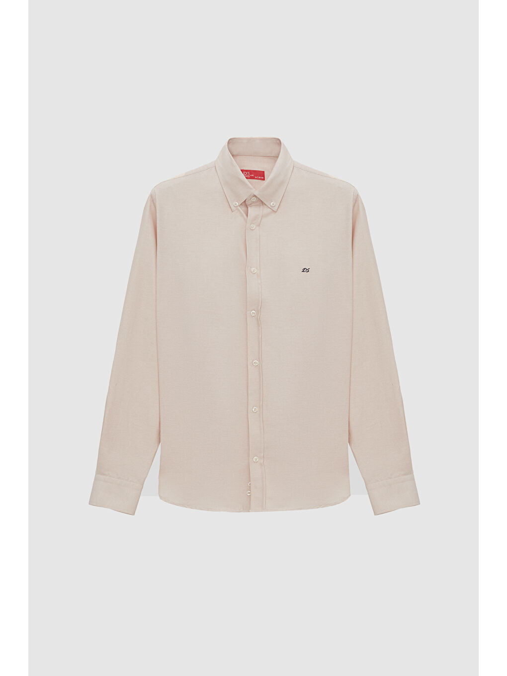 Slim Fit Bej Oxford Düğmeli Yaka Kolay Ütülenebilir Nakış Detaylı Pamuklu Gömlek-4