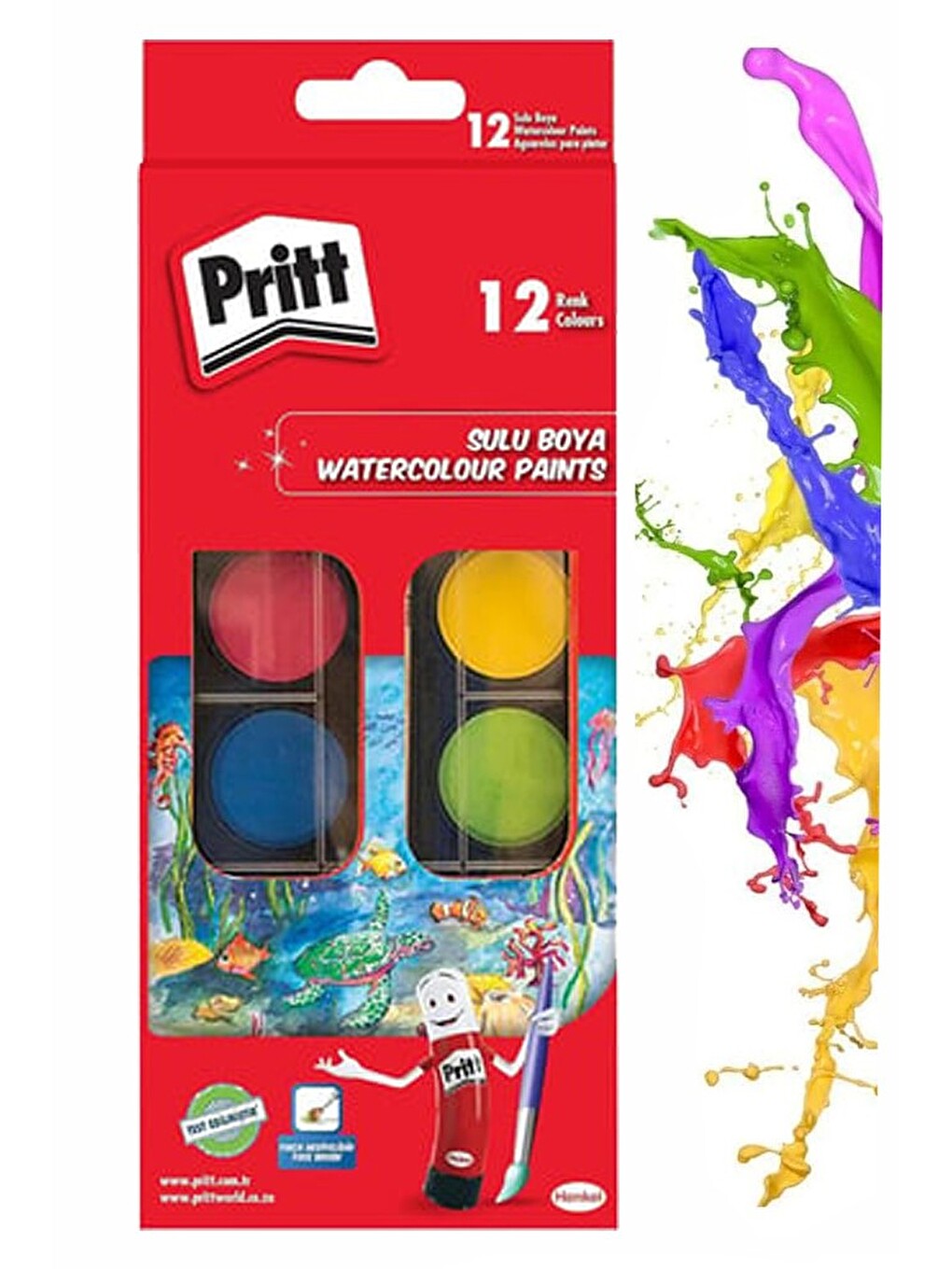 12 Renk Sulu Boya 1 Paket Fırça Hediyeli 12 Li Pritt Suluboya Canlı Renkler 28 Mm Boya Çapı Büyük Bo-1