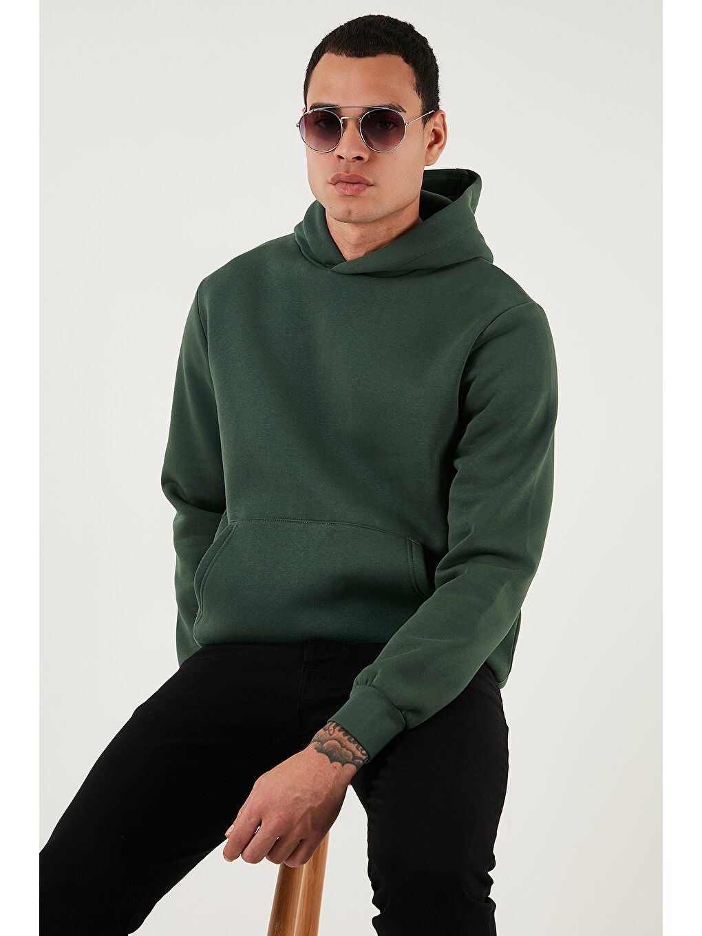 Yeşil Slim Fit Kapüşonlu Kanguru Cepli İçi Tüylü Yumuşak Şardonlu Erkek Sweat 5905281