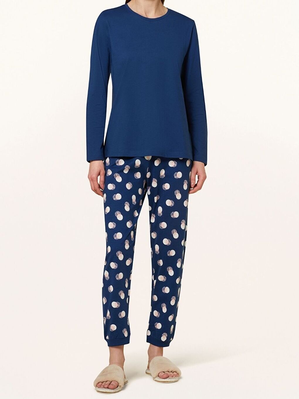 Mavi %100 Saf Pamuk Uzun Kollu Alt Desenli Pijama Takım-2