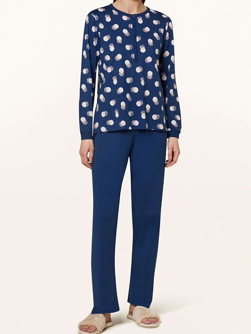 Mavi Düğmeli %100 Saf Pamuk Uzun Kollu Üst Desenli Pijama Takım-1