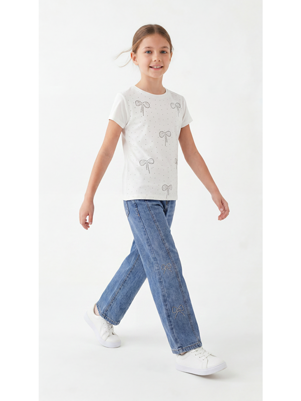Ekru Taşlı Fiyonk Desenli Kız Çocuk Tişört-Pantolon Takım-2