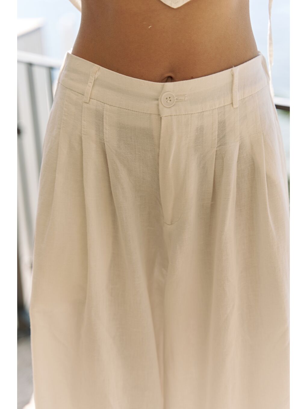 Moibel Bağcık Detay Ekru Crop Pantolon Takım-6