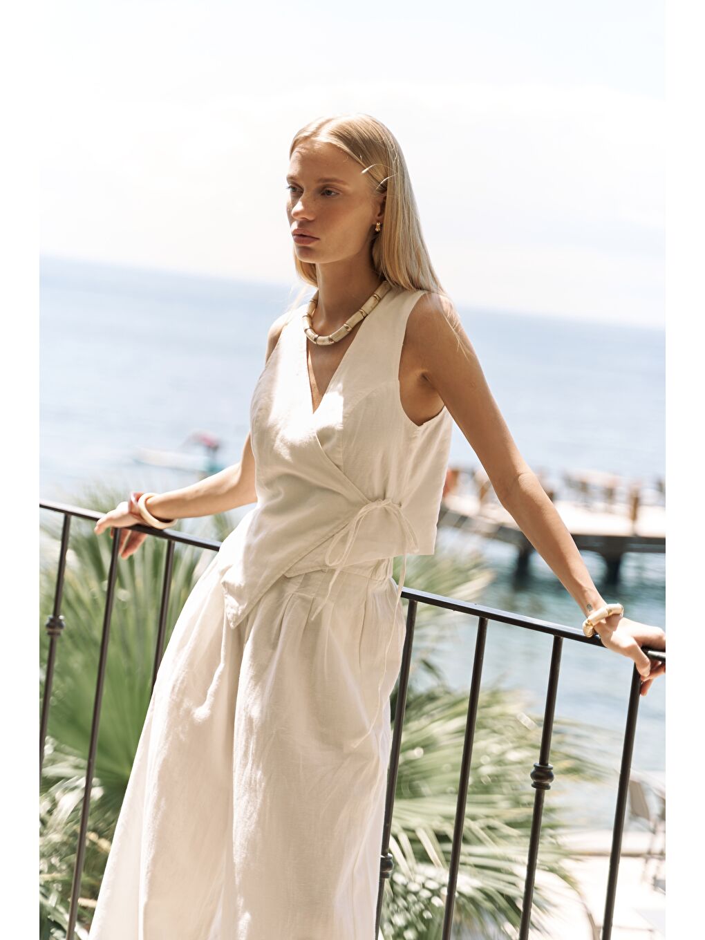 Moibel Bağcık Detay Ekru Crop Pantolon Takım-7