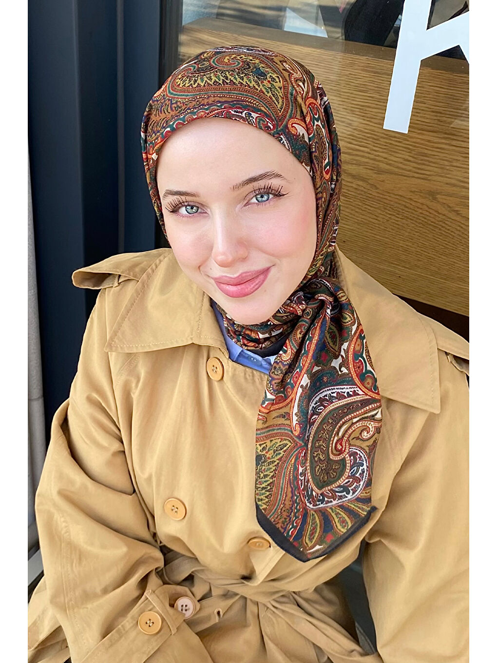 Kahverengi Desenli Pamuk Eşarp Tiya-8