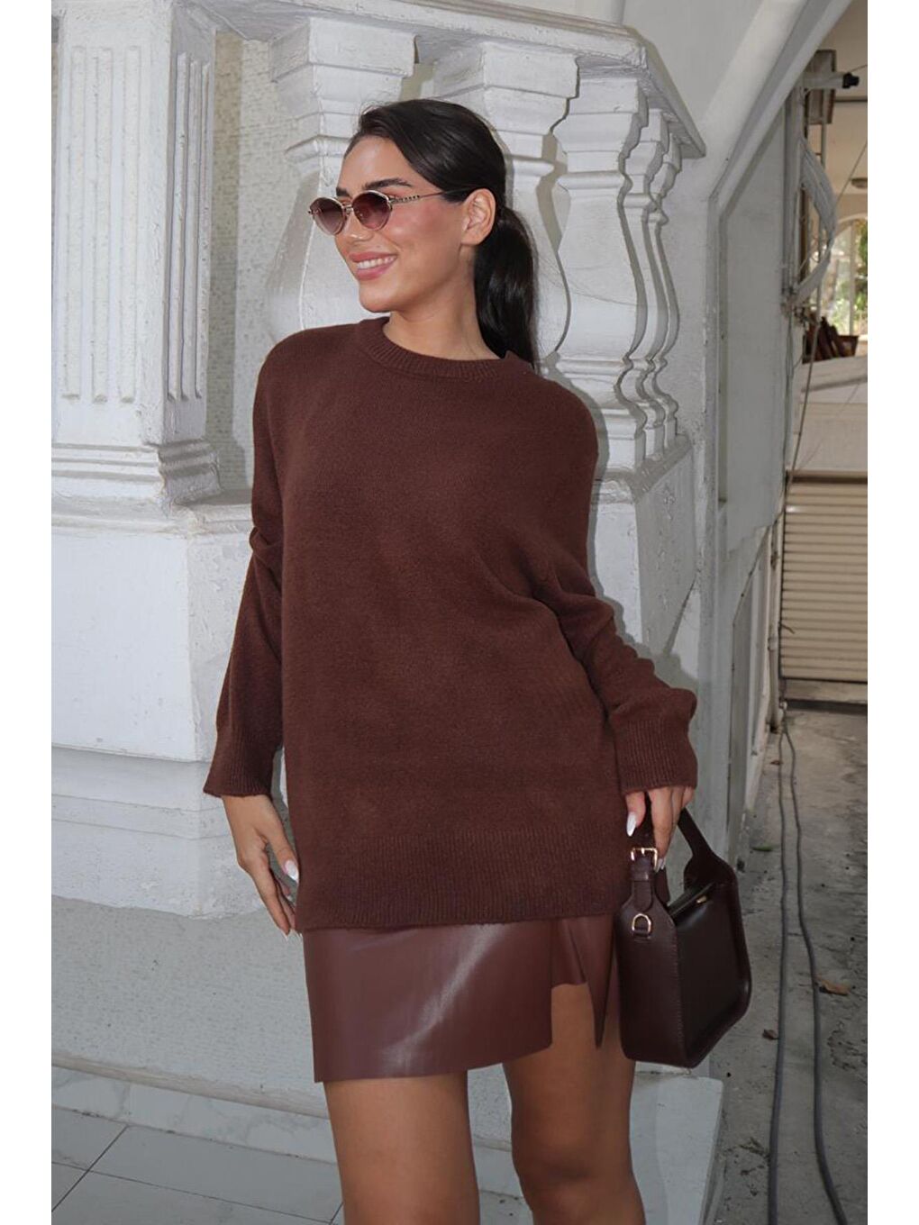 Kahverengi Bisiklet Yaka Kadın Triko Kazak Mg2494-4