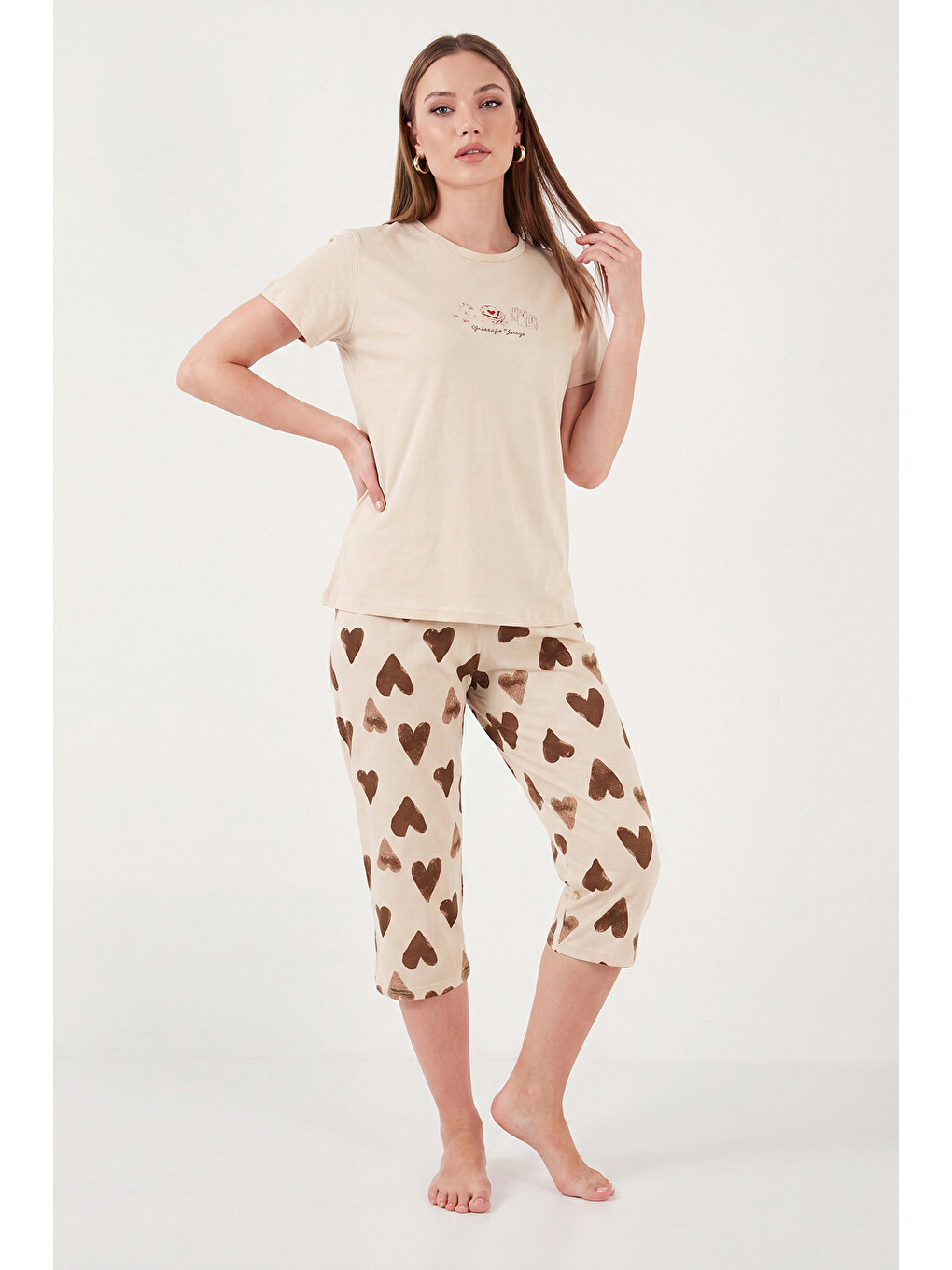 Bej Desenli Pamuklu Bisiklet Yaka Kaprili Pijama Takımı 65790787-1
