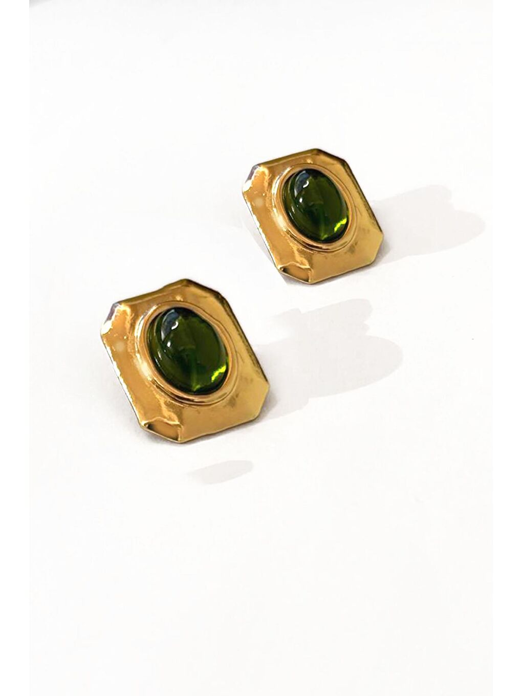 Yeşil Gold Detaylı Renkli Taşlı Kare Çelik Vintage Küpe-3