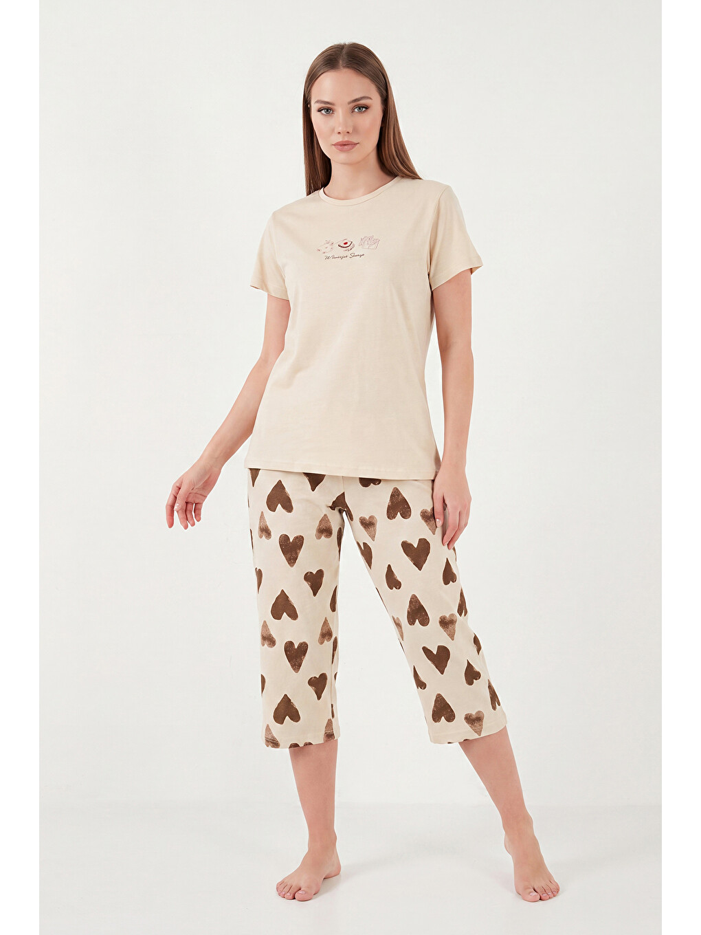 Bej Desenli Pamuklu Bisiklet Yaka Kaprili Pijama Takımı 65790787-2