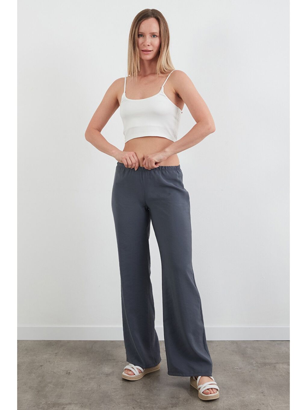 Antrasit Beli Lastikli Düşük Bel Modal Palazzo Pantolon