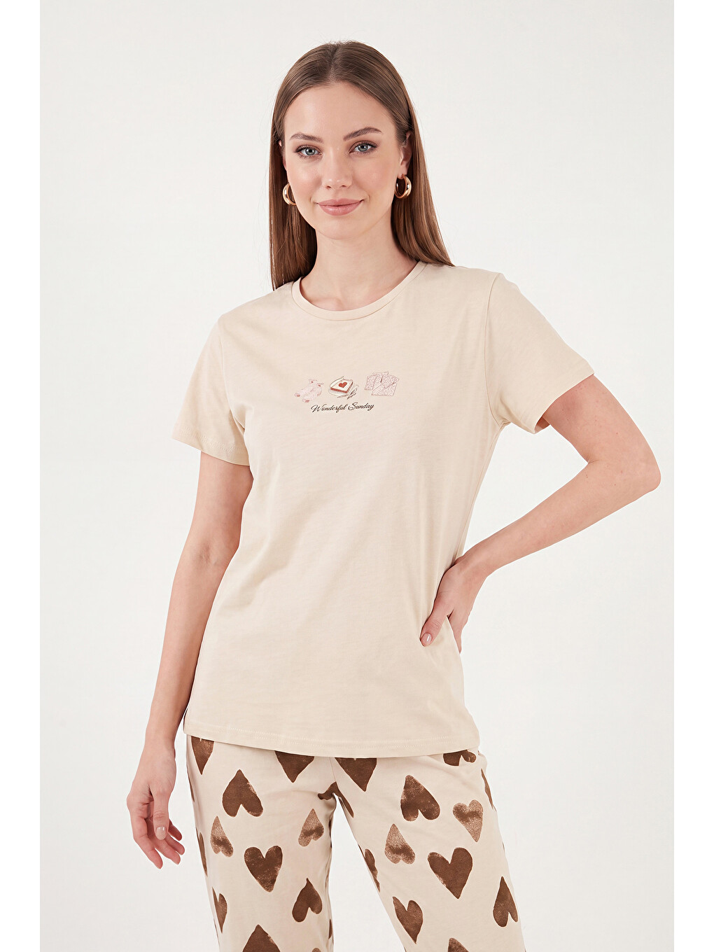 Bej Desenli Pamuklu Bisiklet Yaka Kaprili Pijama Takımı 65790787-3