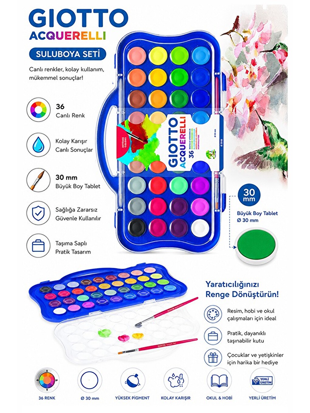 36 Renk Sulu Boya 30mm Büyük 1 Paket Giotto 36 Lı Suluboya Fırça Hediyeli Canlı Renkler Acquerelli K