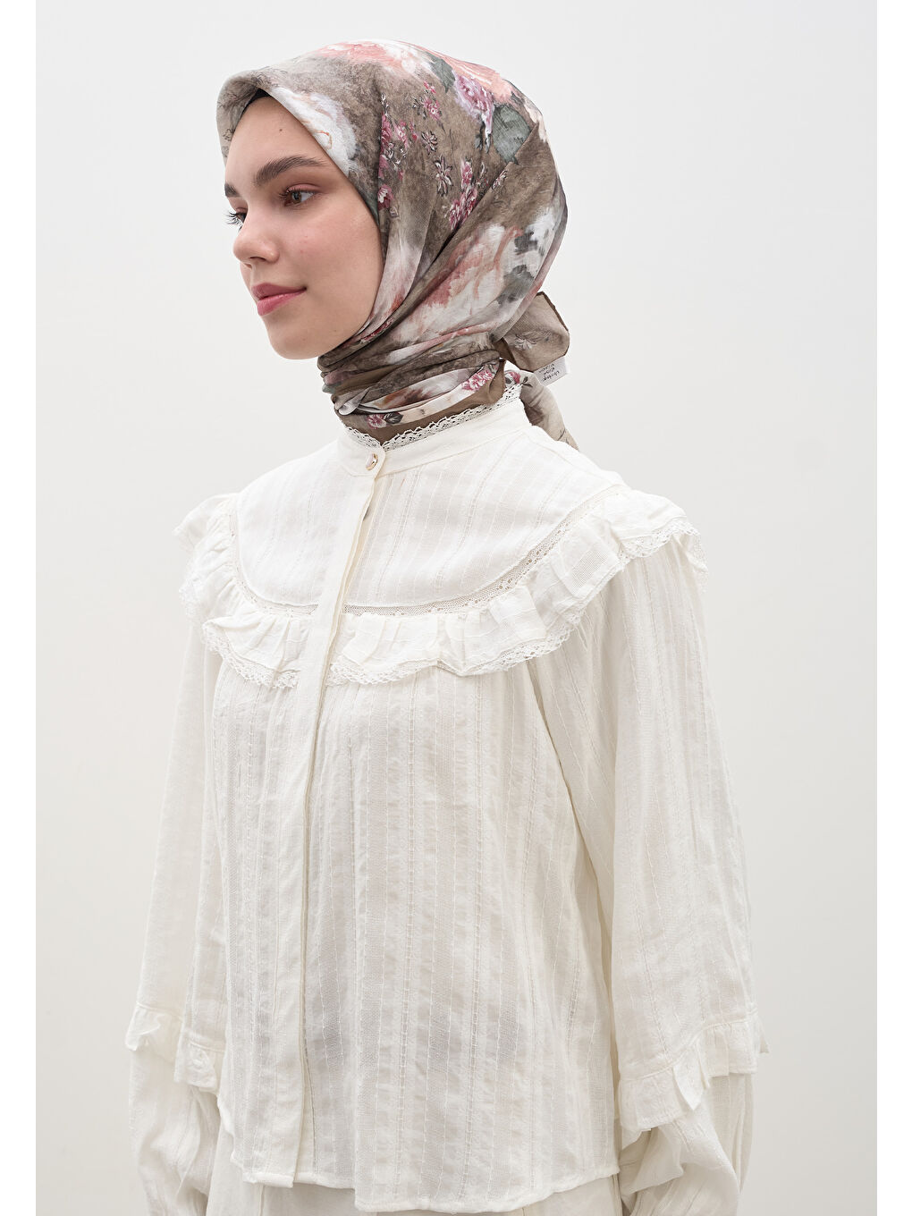 Bej Vıntage Rose Desen Pamuklu Viskon Eşarp Vizon