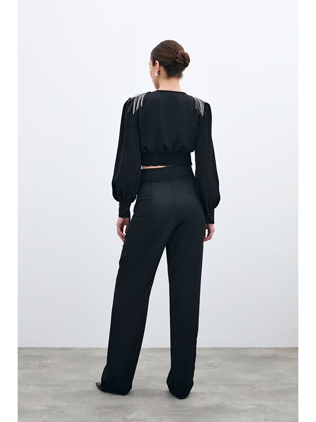 Pileli Saten Krep Pantolon - Siyah-4