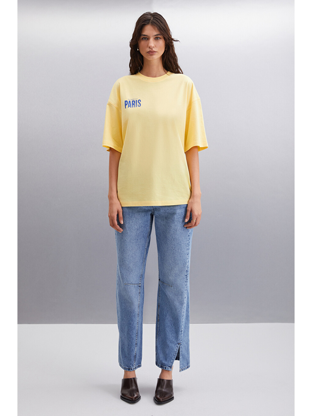 Gıllıan Kadın Ön Ve Arka Baskı Detaylı Oversize &100 Organik Pamuklu Sarı T-shirt-3