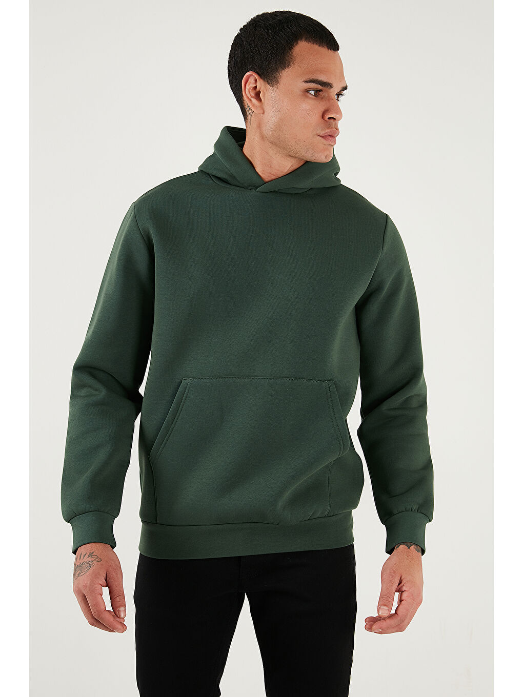 Yeşil Slim Fit Kapüşonlu Kanguru Cepli İçi Tüylü Yumuşak Şardonlu Erkek Sweat 5905281-5