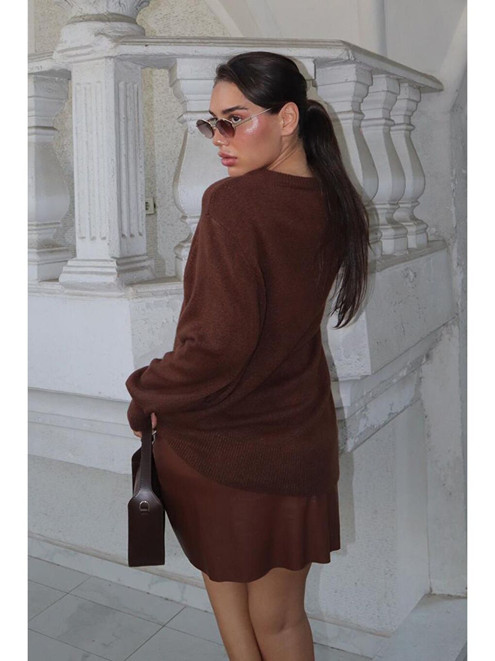 Kahverengi Bisiklet Yaka Kadın Triko Kazak Mg2494-9