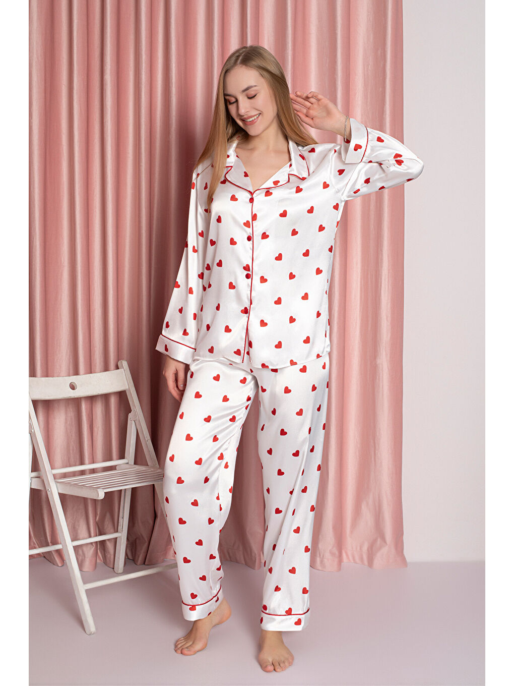 Ekru Krem Saten Pijama Takımı