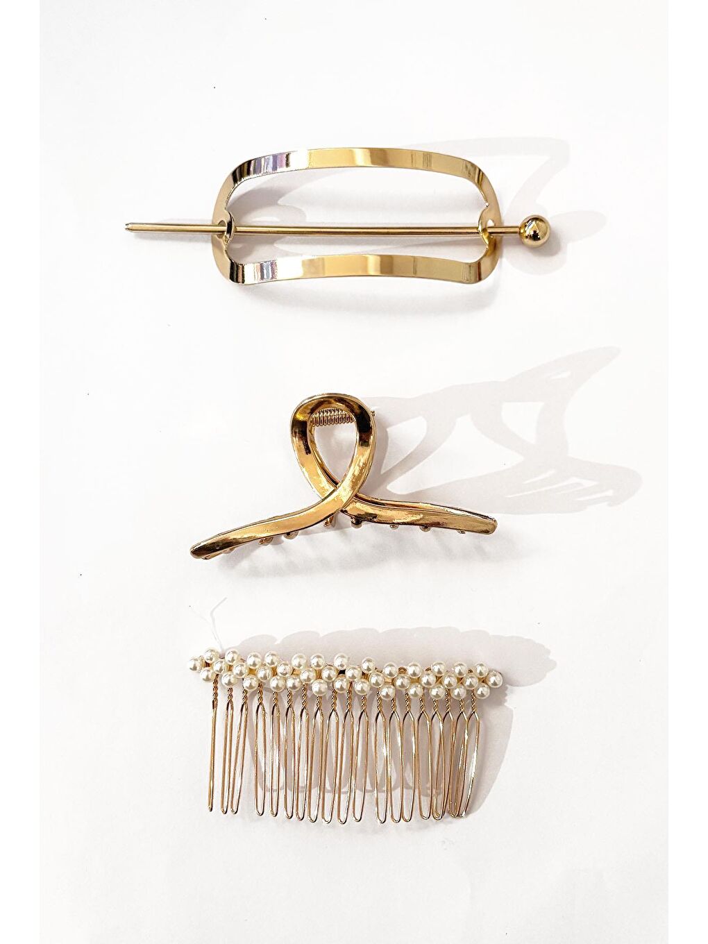 Sarı Altın Ve İnci Detaylı 3'lü Topuz Toka Seti-1