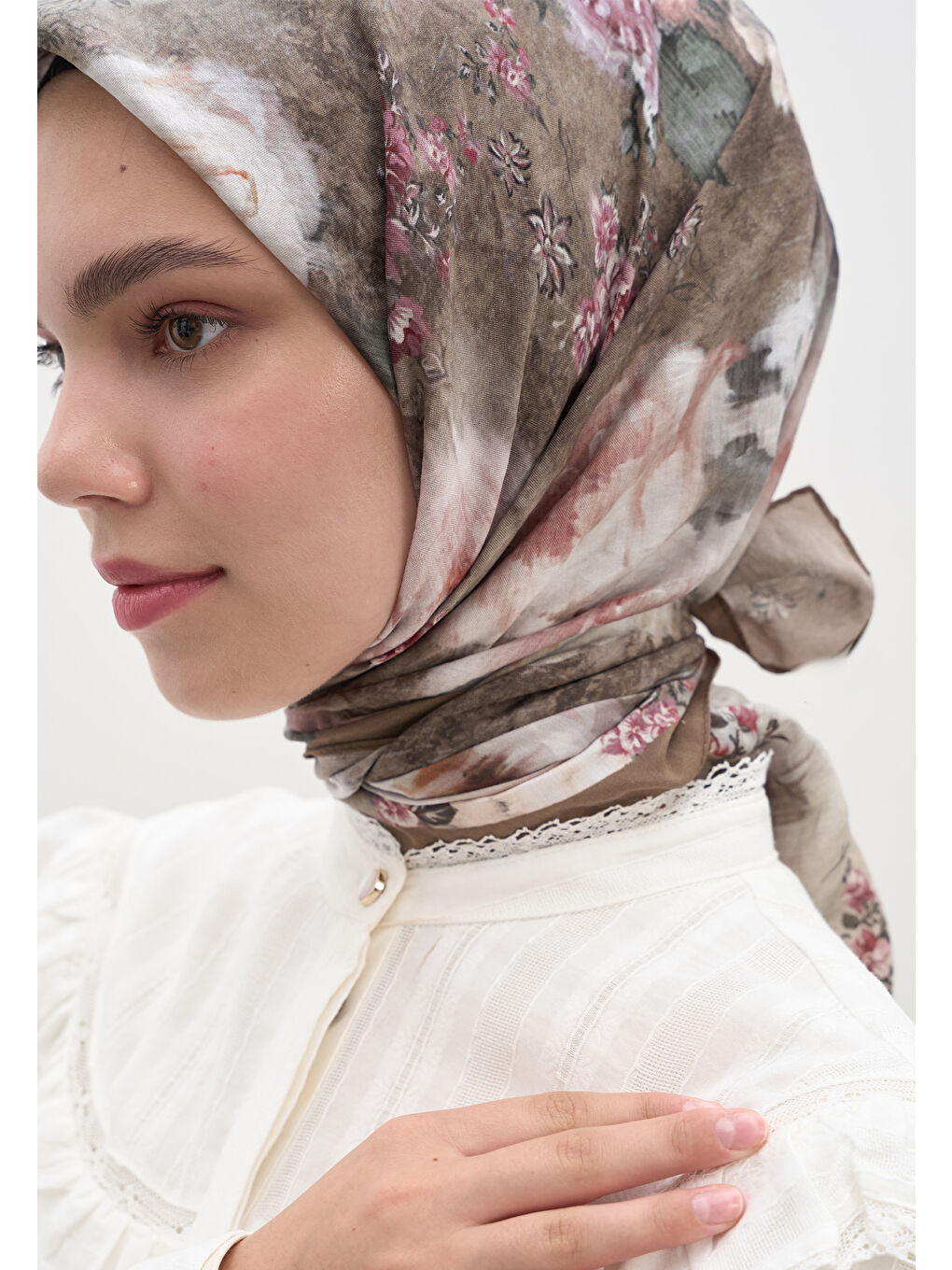 Bej Vıntage Rose Desen Pamuklu Viskon Eşarp Vizon-1