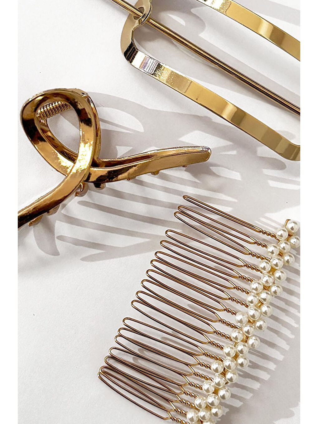 Sarı Altın Ve İnci Detaylı 3'lü Topuz Toka Seti-2